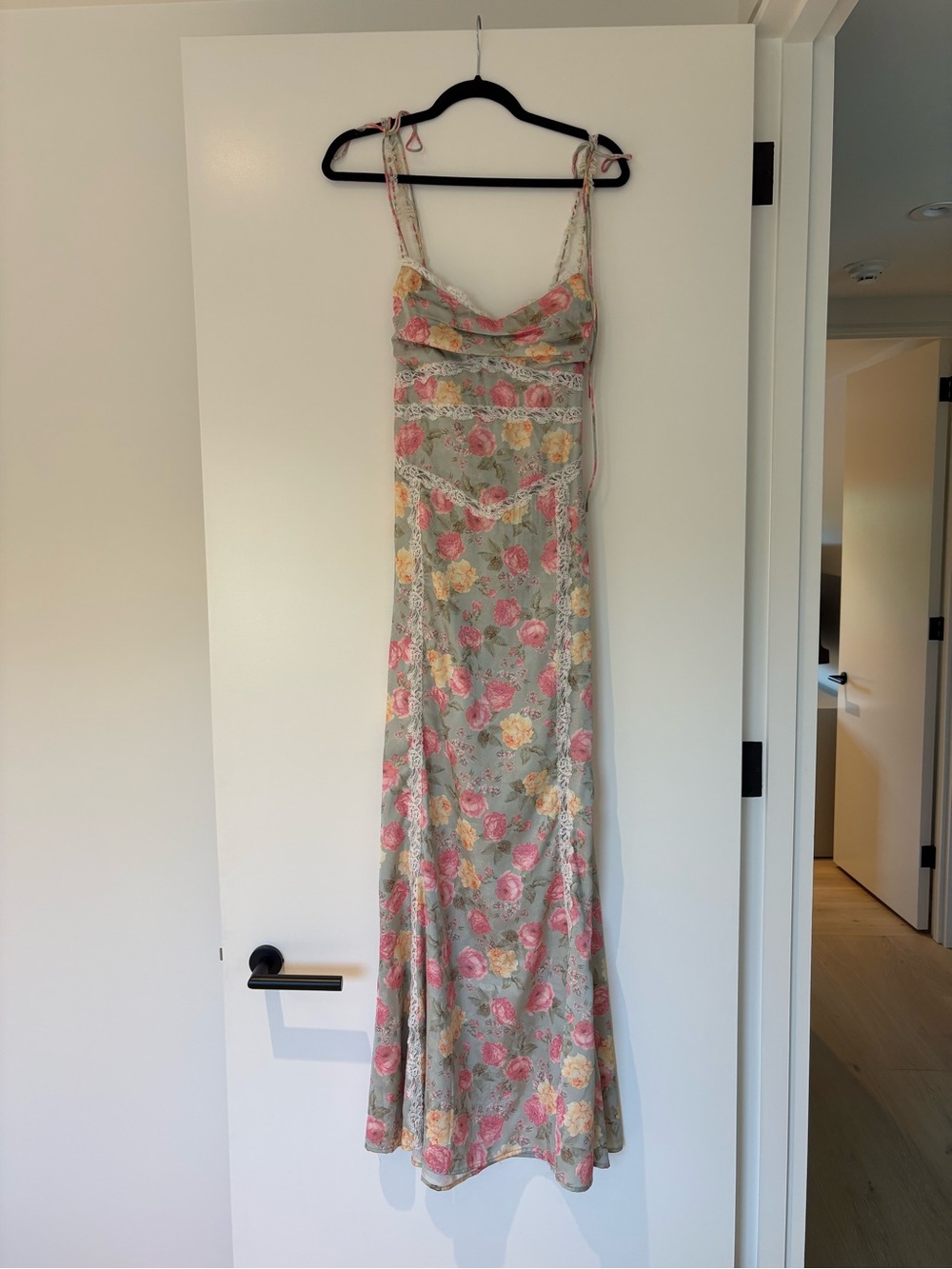 For Love and Lemons Floral Tie-Shoulder Maxi Dress in Sage Green and Pink